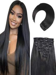 Uveous Straight Clip In Hair Extensions Remy Human Hair 8pcs Per Set With 18Clips Double Weft Clip In Human Hair Extensions Brazilian Virgin Real Human Hair For Women - Natural Black - 查看 1