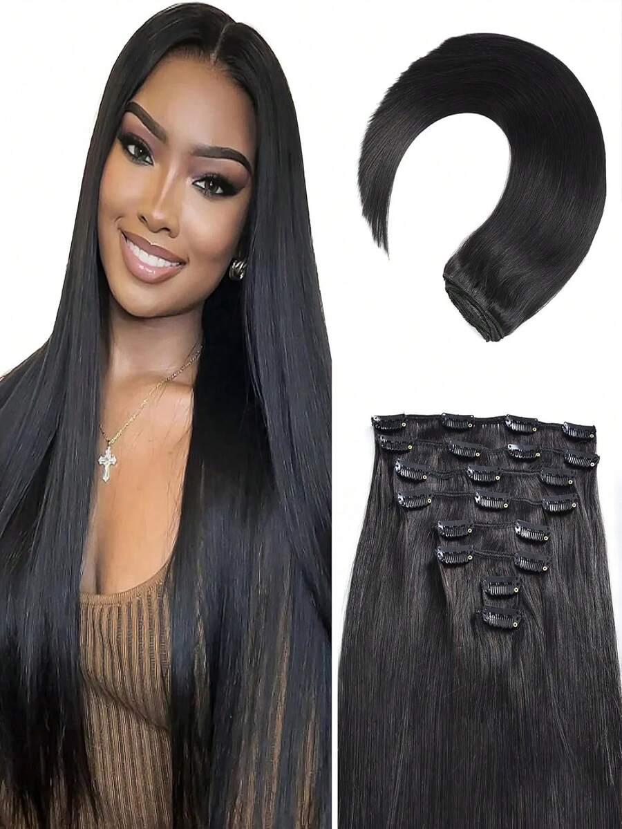 Uveous Straight Clip In Hair Extensions Remy Human Hair 8pcs Per Set With 18Clips Double Weft Clip In Human Hair Extensions Brazilian Virgin Real Human Hair For Women - Natural Black - 查看 1