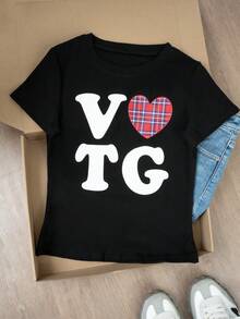 Back To School Cute Heart & Letter Print Casual Round Neck Short Sleeve T-Shirt For Women, Spring/Summer - Black - View 6