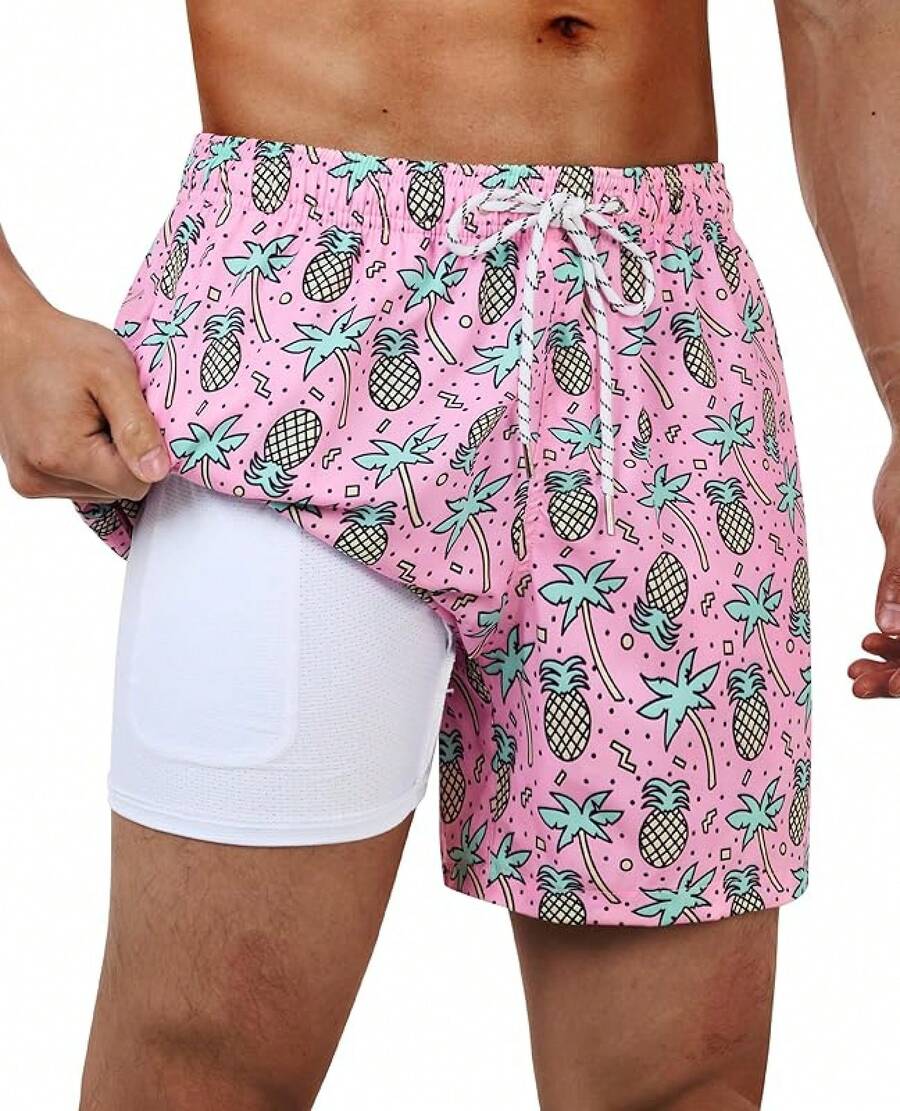 Bañador de hombre con forro de compresión, pantalón corto de baño de 5 pulgadas de entrepierna para hombres - Rosa divertido - Ver 1