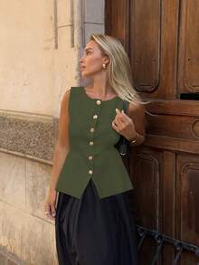 Women's Chic Elegant Solid Metal Button Open Front Sleeveless Knit Cardigan Vest,  Modest Minimalist Versatile Waistcoat, Spring /Summer Daily, Commute Wear - Dark Green - View 1