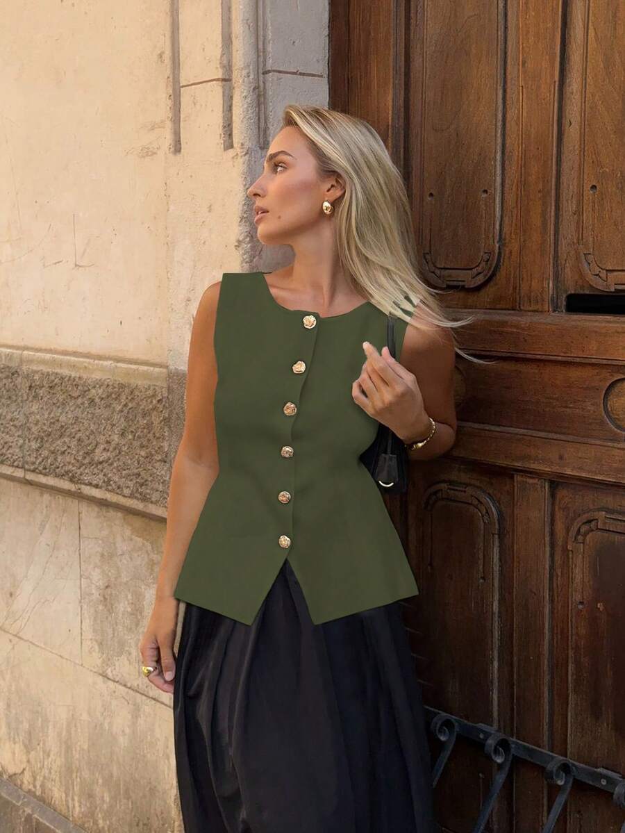 Women's Chic Elegant Solid Metal Button Open Front Sleeveless Knit Cardigan Vest,  Modest Minimalist Versatile Waistcoat, Spring /Summer Daily, Commute Wear - Dark Green - View 1