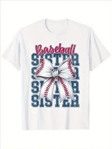 Baseball Sister Graphic Girls' Cotton T-Shirt – Soft Cotton Summer Tee For, Casual Short Sleeve Top With Coquette Bow Design, Perfect Gift For Sports Fans Kids - 白色 - 查看 1
