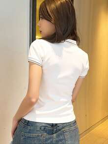 Playera camiseta polo dama mujer cuello tejido deportivo raya contraste manga corta puños contraste tejido acanalado escote V ajustado comodo ligero fresco verano - Hueso - Ver 2