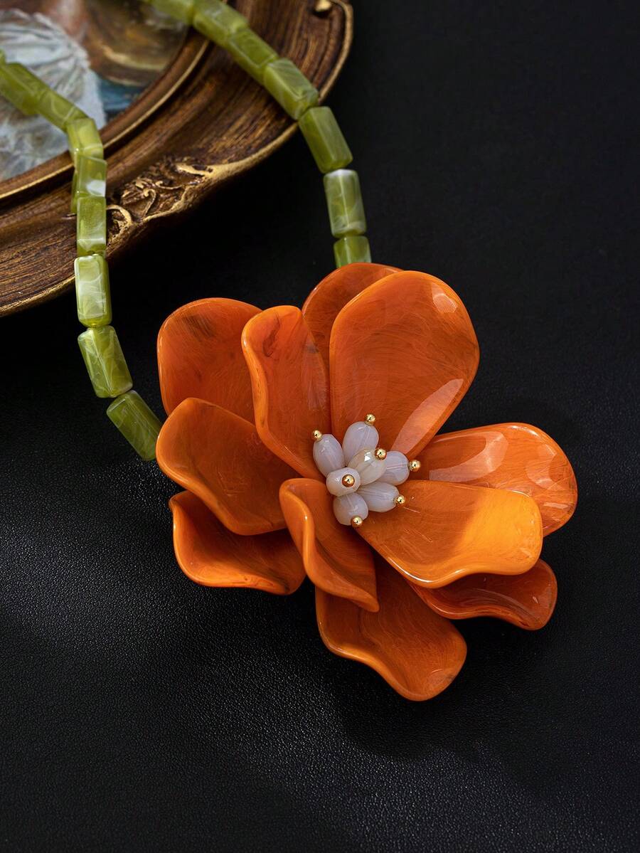 1件誇張風格黑色紮染花卉手工串珠女款個性化吊墜項鍊,花卉派對項鍊,四季皆宜休閒優雅人造花項鍊 - 橘色 - 查看 1