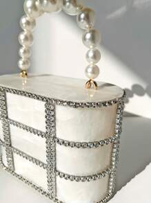 1pc Hollow-Out Rhinestone Decor Party Gala Metal Chain & Pearl Handbag For Women, Detachable