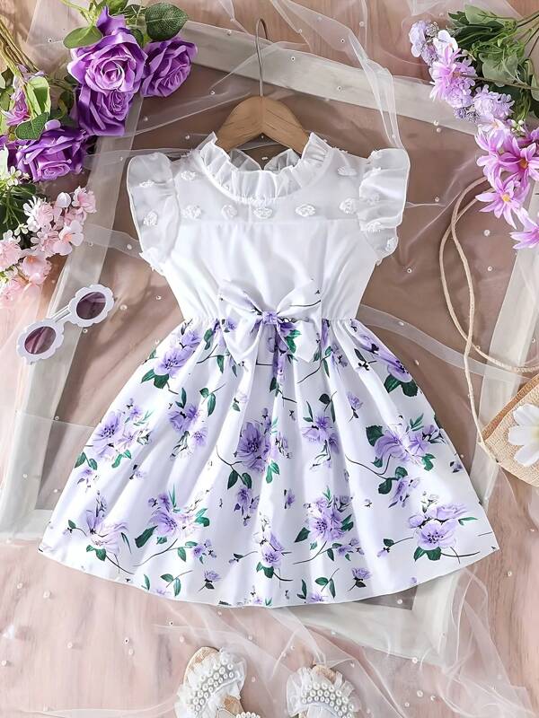 Mädchen süßes und bequemes ärmelloses Kleid mit Blumenprint und gerüschtem Saum, Frühling/Sommer