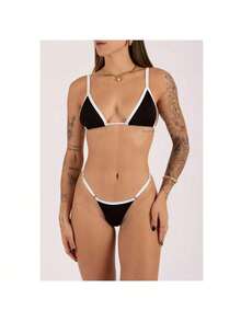 Biquini Fita Marquinha Feminino Regulagem Bronze Verão Carnaval Moda Praia Conjunto - Bicolor Preto - Visão 1