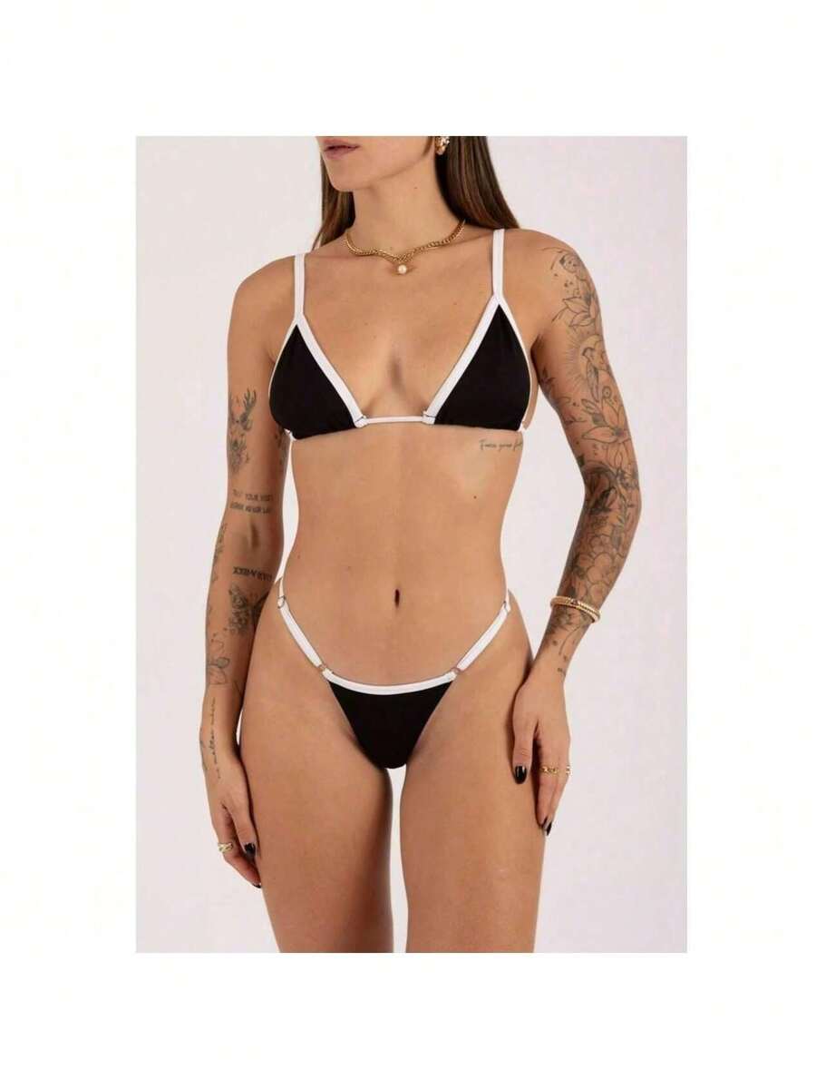 Biquini Fita Marquinha Feminino Regulagem Bronze Verão Carnaval Moda Praia Conjunto - Bicolor Preto - Visão 1