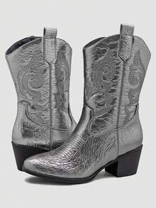 GLOBALWIN Women's Mid Calf The Western Cowgirl Boots Fashion Cowboy Boots For Women Chunky Low Heel Fall Boots Halloween Season - 暗銀 - 查看 1