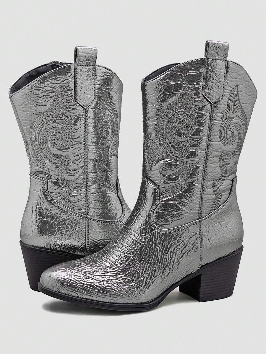 GLOBALWIN Women's Mid Calf The Western Cowgirl Boots Fashion Cowboy Boots For Women Chunky Low Heel Fall Boots Halloween Season - 暗銀 - 查看 1