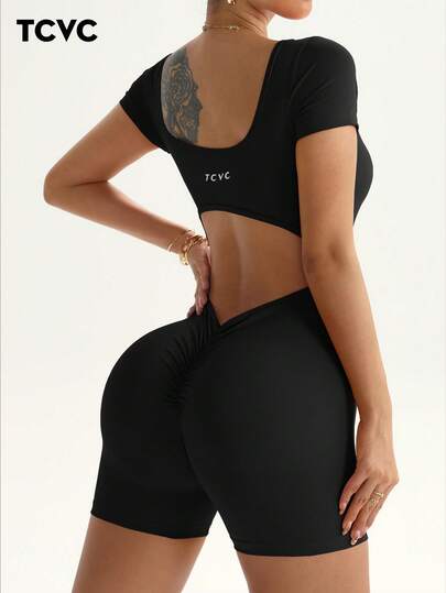 TCVC Women's Backless Short Sleeve - Sexy Open Back, Seamless Knitted Jumpsuit, For Indoor & Outdoor Sport Yoga, Soft Fabric, Tight Fitting & Shaping Shapewear Jumpsuit Black