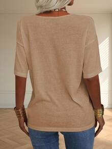 Women Oversized V-Neck T-Shirt Half Sleeve Casual Loose Solid Color Basic Top For Casual Daily/ Travel/ Home/ Vacation/ Shopping/ Street/ Party/ Outdoor/ Club Christmas Gift & New Year Gift - 卡其色 - 查看 4