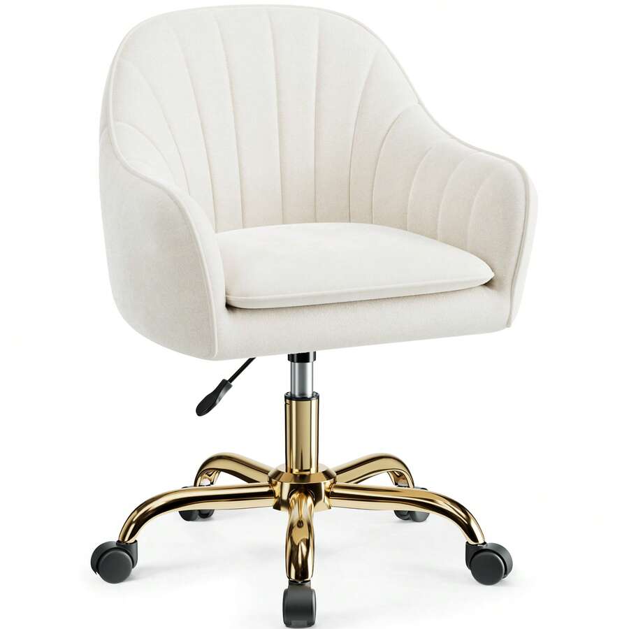 Velvet Vanity Chair With Wheels - Adjustable Swivel Makeup Chair, Plush Office Desk Chair With Rolling Casters For Bedroom, Living Room & Dressing Area - Beige - Beige - View 1