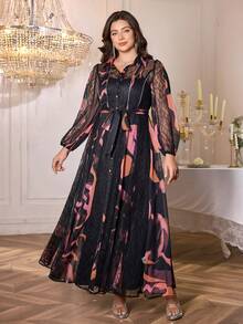 Plus Size Elegant Lace Random Print 2pcs Dress Set - Black - View 4