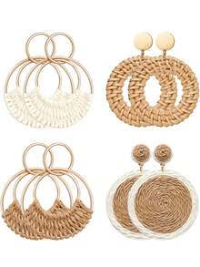 Women's Woven Earring Set, Summer Rattan Circle Wicker Earrings, Handmade Beach Jewelry, Woven Round Drop Earrings