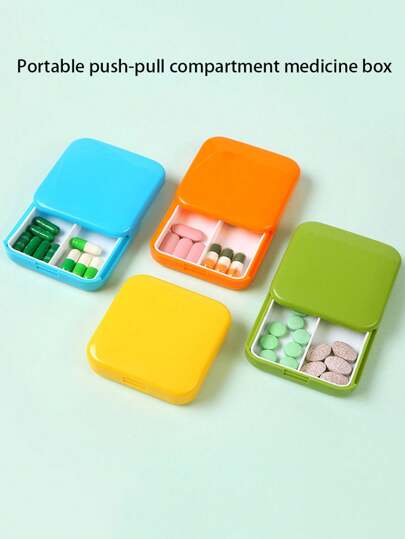 1 pieza Caja de píldoras cuadrada pequeña portátil de plástico a prueba de polvo con 2 compartimentos y diseño de colores de dibujos animados