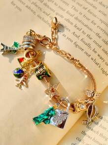 1pc Travel Souvenir Charm Bracelet, Fashion Map & Star Bracelet, Retro Statue Of Liberty Bracelet, Classic Lock Ladies Bracelet