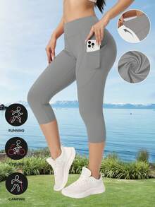 Women's High Waist Gray Yoga Sports Capris With Pockets Outdoor Gym Running Workout Bottoms Breathable High Stretch Cycling Pants - Light Grey - View 1