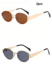 2pcs/Set Metal-Framed Oval-Shaped Retro And Fashionable Glasses Are Popular In Europe And America. They Are Suitable For Men And Women To Use Daily In Summer And Wear When Traveling To The Beach