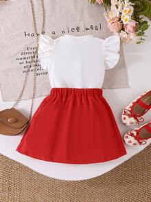 Set de 2 piezas de parte superior con mangas tipo casquillo con estampado de fresa + falda de pana con lazo, estilo casual de verano para niñas - Rojo - Ver 3