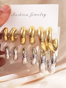 6-12pcs/Set Assorted Size Plain C-Shape Hoop Earrings Set, Gold & Silver Tone, Suitable For Women Daily Wear (No Card Packaging)