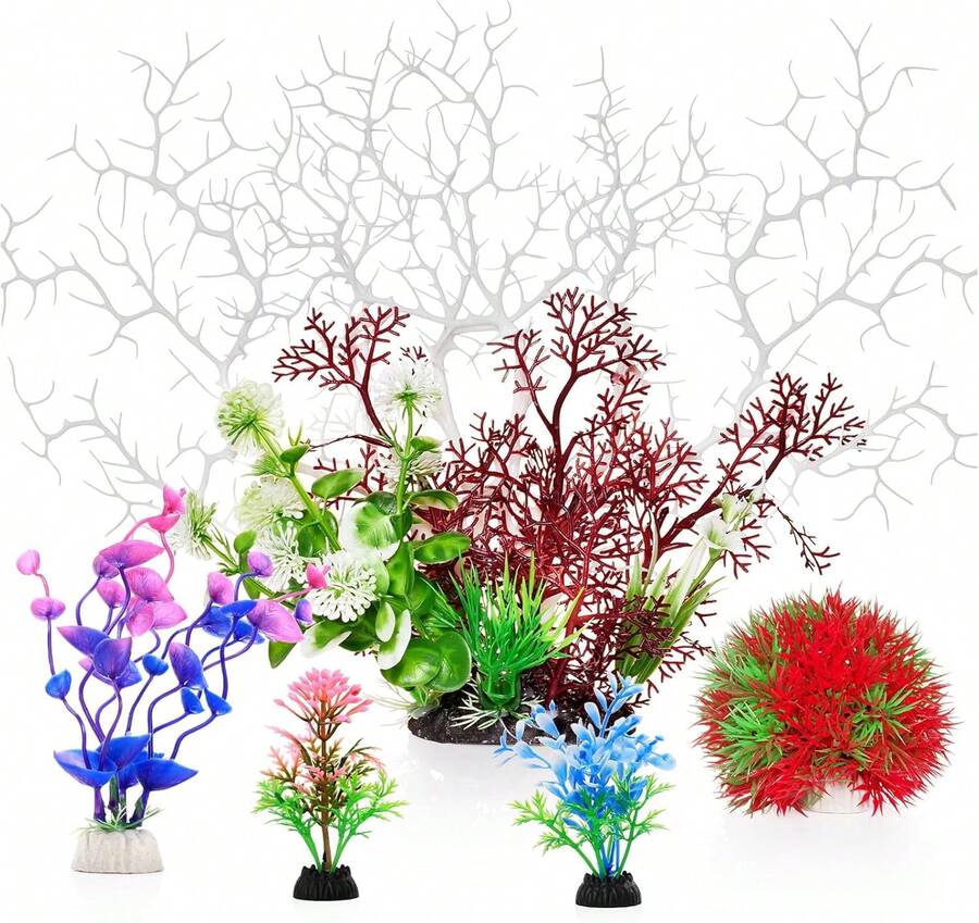 Fishdance Aquarium Plants, Artificial Fish Tank Decorations Decor Plastic Plants Set 16 Pcs - White - View 1