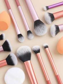 15 Peças Conjunto de Pincéis de Maquiagem, incluindo 12 Pincéis de Maquiagem, Pincel de Pó, Pincel de Blush, Pincel Marcador, Pincel de Sombra, Pincel de Cílios, Pincel de Delineador, Esponja de Maquiagem Angulada, Esponja de Maquiagem Redonda, Borla de Pó Redonda, Borla de Pó Triangular, Esponja de Maquiagem Triangular para Pó Solto, Blender de Líquido Fundação, Ferramentas de Maquiagem de Beleza