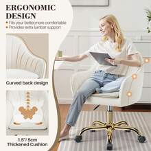 Velvet Vanity Chair With Wheels - Adjustable Swivel Makeup Chair, Plush Office Desk Chair With Rolling Casters For Bedroom, Living Room & Dressing Area - Beige - Beige - View 5