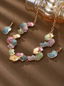 Cring Coco 1 套女士优雅复古波西米亚风格紫色渐变圆形十字交叉锌合金耳环和项链首饰套装，适合日常佩戴和正式场合