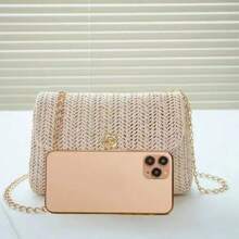 Women's Casual Woven Shoulder Bag, No Print Design, Magnetic Closure, Lightweight, Polyester Lining, Metal Chain Strap, Suitable For Daily Commute And Beach Holiday