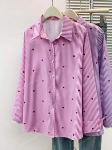 Women's Heart Print Polo Collar Striped Shirt - Casual Button-Up Long Sleeve Vacation Top For Spring Summer Fall Everyday Outfits