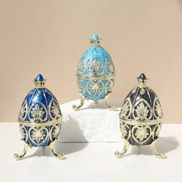 1pc Oval Shaped Enameled Alloy Rhinestone Jewelry Box, European Style Home Decor Ornament, Colorful Storage Box, Jewelry Box Figurine