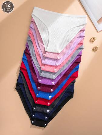 12pcs/Pack Women Plain Ribbed Seamless Breathable Briefs