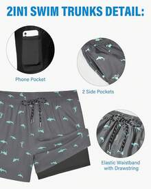 Swim Trunks Mens 5 Inch Inseam Compression Liner Short Men Bathing Suit Lined Swimming Shorts Men's Swim Suits - 鯊魚灰 - 查看 5