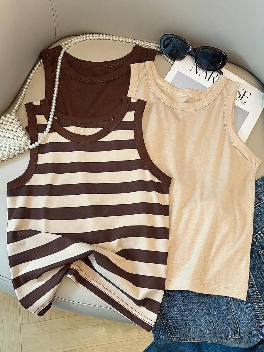 Bộ 3 áo tank top không tay cho bé gái tuổi teen, thoáng khí, thoải mái mùa hè, đi học, xuân hè, thu đông, kẻ sọc, phong cách Mỹ. - Màu Khaki - Xem 1