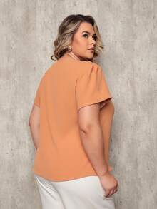 ONLYONE - PLUS SIZE WOMEN'S BLOUSE, SHORT SLEEVE, PRINCESS, PLEATED NECKLINE, LIGHT DUNES - ELEGANT WOMEN'S BLOUSES, LARGE - Mocha Brown - View 2