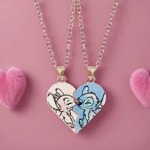Disney Set Of 2 Disney Stitch Necklaces Designed For Couples, Featuring A Charming Heart Pendant And Magnetic Attraction, Perfect For Lovers.