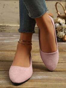 女士平底乐福鞋，尖头一脚蹬鞋，软底低跟休闲防滑工作平底鞋，时尚粉色轻便透气纯色鞋（如果您脚宽，请选择大一码） - 粉色 - 查看 3