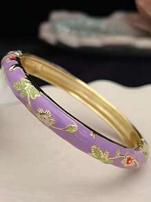 1 pieza Pulsera bohemia nueva y elegante estilo con esmalte champlevé chapado en oro y patrón floral, adecuada como joyería para mujeres y niñas