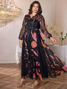 Plus Size Elegant Lace Random Print 2pcs Dress Set - Black - View 5
