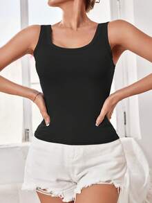 Sleeveless Ribbed Knit Tank Top Slim Fit Basic Casual Everyday Wear For Women - Black - View 5