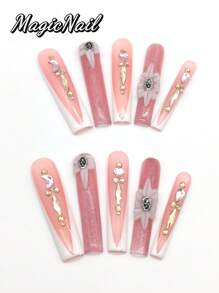 10 Pieces Of Pure Hand-Pressed Wearable Nail, Press On Nails,Nail Supplies,Nails Ptess On,Beach Essentials,55mm-Length Nail Pieces, Flesh-Colored White Dark V-Shaped, Hand-Kneezed Convex Petals With Metal Jewelry Flower Heart, Moon-Shaped Rhinestone
