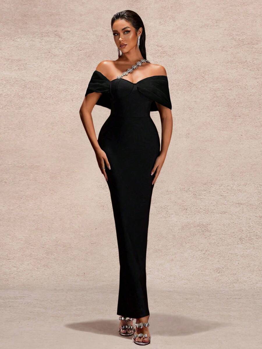 Women's Elegant Asymmetric Rhinestone Embellished Long Sleeve Knit Dress With Zipper, Suitable For Party Occasions Wedding Black - Black - View 1