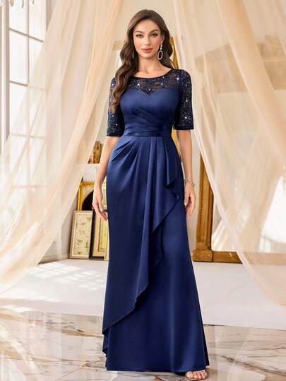 MIUSOL 亮片花卉蕾丝圆领半袖缎面褶皱裹身下摆晚会正式长裙，优雅女士连衣裙，适合婚礼嘉宾、毕业典礼、晚宴