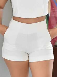 Women's High Waist Tailored Shorts With Side Pocket And Zipper - White - View 3