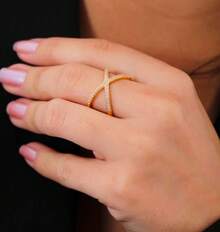 Luxury Cross X Shape Women Engagement Ring Pave Full Zirconia Gold Color Elegant Simple Jewelry 925 Silver - 金色 - 查看 2