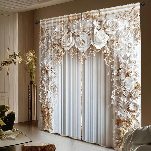 2pcs Fashionable Curtains, Luxury European Style, 100% Polyester (No Rod, No Motion, No Battery), Decorative For Outdoor, Bedroom And Living Room - Modern Style