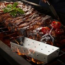 Edelstahl Räucherbox, kompatibel mit Holzpellets, stromlos, Outdoor BBQ Zubehör, geeignet zum Räuchern von Fleisch und Gemüse, BBQ Zubehör Holzchips Holzkohlegrill