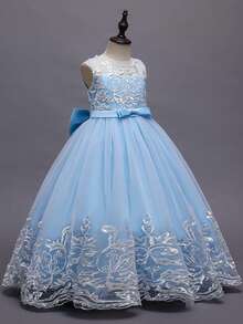 青少年女孩高端刺绣亮片无袖花童婚纱，蓬松生日婚礼派对公主礼服 - 藍色 - 查看 4